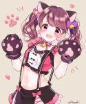  1girl alternate_hairstyle animal_ears bell black_skirt blush brown_background brown_hair cat_ears cat_paws crop_top earrings gloves hair_bell hair_ornament hair_ribbon heart idolmaster idolmaster_cinderella_girls jewelry jingle_bell long_hair looking_at_viewer midriff navel open_mouth paw_gloves paw_print paws pink_shirt red_eyes ribbon shiina_noriko shirt simple_background skirt smile solo suspender_skirt suspenders tamao_tamaki twintails 