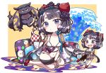  1girl absurdres animal bangle bangs bare_shoulders between_legs bikini blue_eyes blunt_bangs blush bracelet breasts brown_background checkered chibi closed_mouth collarbone eyebrows_visible_through_hair fate/grand_order fate_(series) floral_print goggles goggles_on_head hair_ornament hand_between_legs hand_up highres ink jako_(jakoo21) jewelry katsushika_hokusai_(fate/grand_order) katsushika_hokusai_(swimsuit_saber)_(fate) long_hair looking_at_viewer low_twintails medium_breasts navel o-ring o-ring_bikini o-ring_bottom octopus outline platform_footwear purple_hair red_footwear short_eyebrows sitting swimsuit thick_eyebrows tokitarou_(fate/grand_order) translation_request twintails two-tone_background very_long_hair water waves white_background white_bikini white_outline 
