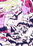  1boy blonde_hair claws copyright_request glowing hatching_(texture) highres male_focus multicolored multicolored_hair open_mouth red_eyes smile solo speed_lines takatsuki_ichi teeth tongue tongue_out torn_clothes white_hair 