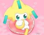  aqua_eyes artist_name creature gen_3_pokemon heart heart_pillow jirachi jirachicute28 mythical_pokemon nintendo no_humans pillow pink_background pokemon smile solo 