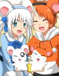  1boy 1girl 2others animal animal_ears artist_name bijou blue_eyes blush blush_stickers coat couple cute endless-rainfall female gijinka hamster hamster_ears hamtaro hamtaro_(hamtaro) holding_hands hoodie looking_at_viewer male mammal open_mouth orange_hair personification ribbon rodent shogakukan smile tms_entertainment twintails white_hair wink 
