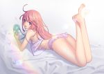  1girl ass bare_legs bare_shoulders barefoot bed_sheet blue_eyes bra breasts electric_fan fan feet feet_up highres lens_flare long_hair nana_mikoto original panties pink_hair rainbow under_boob underwear 