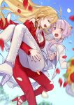  2girls ahoge arm_around_shoulder blonde_hair blurry_foreground blush bouquet carrying cherico commentary falling_petals flower formal green_eyes hair_tubes high_heels highres long_hair looking_at_viewer multiple_girls open_mouth pants petals princess_carry purple_hair red_nails red_pants red_suit sidelocks signature suit tsurumaki_maki violet_eyes vocaloid voiceroid white_pants white_suit yuzuki_yukari 