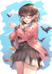  1girl absurdres bangs bat blue_sky blush breasts brown_hair contemporary fate/grand_order fate_(series) glasses gradient_hair grey_skirt hane_yuki highres jacket large_breasts long_hair long_sleeves looking_at_viewer multicolored_hair open_clothes open_jacket open_mouth osakabe-hime_(fate/grand_order) pink_jacket skirt sky smile thighs very_long_hair violet_eyes 