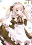 1girl absurdres apron ayamy bangs black_dress blue_eyes blush brown_shirt closed_mouth cookie dress dress_lift eyebrows_visible_through_hair fate/grand_order fate_(series) food frilled_apron frills hand_up highres juliet_sleeves long_hair long_sleeves looking_at_viewer macaron maid maid_apron maid_headdress marie_antoinette_(fate/grand_order) pink_background plaid plaid_shirt puffy_sleeves ribbon scan shirt sidelocks signature silver_hair simple_background smile solo sweets tareme twintails very_long_hair wrist_cuffs 