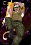  1boy abs absurdres arm_up armband bara beard boots chest chest_hair facial_hair full_body furry highres horns huge_weapon keijimohumohu male_focus manly muscle oversized_object pants pectorals purple_horns shennong_(tokyo_afterschool_summoners) solo syringe tank_top thick_thighs thighs tight tight_pants tokyo_houkago_summoners violet_eyes weapon white_hair 