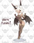  1girl :d ahoge animal_ear_fluff animal_ears bat_ears bat_wings boots breasts brown_footwear brown_gloves brown_leotard celebration commentary covered_navel draculina_(vins-mousseux) elbow_gloves english_commentary fangs fur_collar gloves hair_over_one_eye highres leotard looking_at_viewer medium_breasts one_eye_covered open_mouth original skull_print slit_pupils smile solo thigh-highs thigh_boots vins-mousseux white_hair wings yellow_eyes 