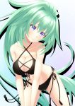  1girl bangs bare_arms bare_shoulders bikini black_bikini blue_background blush breasts choujigen_game_neptune closed_mouth collarbone commentary_request eyebrows_visible_through_hair gradient gradient_background green_hair green_heart hair_between_eyes head_tilt high_ponytail highres large_breasts leaning_forward long_hair navel neptune_(series) ponytail sakaki_jin&#039;ya side-tie_bikini smile solo swimsuit very_long_hair violet_eyes 