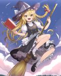  1girl :d apron bangs black_dress black_footwear blonde_hair blush bow braid broom broom_riding buttons dress eyebrows_visible_through_hair flying frilled_dress frills full_body goma_(u_p) hair_bow hat hat_bow highres kirisame_marisa long_hair looking_at_viewer mary_janes open_mouth petticoat puffy_sleeves red_bow shoes short_sleeves side_braid single_braid sky smile socks solo touhou v-shaped_eyebrows waist_apron white_bow white_legwear witch_hat yellow_eyes 