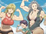  3girls :d abs armband bikini black_hair blonde_hair blue_sky breasts closed_eyes dorohedoro ebisu_(dorohedoro) grey_hair gym_shorts jacket large_breasts long_hair looking_at_viewer medium_hair multiple_girls muscle muscular_female nikaidou_(dorohedoro) noi_(dorohedoro) open_clothes open_jacket open_mouth rainbow short_hair shorts sky smile swimsuit tank_top violet_eyes white_hair yas66 