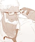  1boy adjusting_eyewear aegir_(tokyo_houkago_summoners) alternate_costume bara beard chest close-up facial_hair fingernails fins hinokumo_f looking_at_viewer male_focus monochrome muscle necktie pectorals smile tokyo_houkago_summoners 