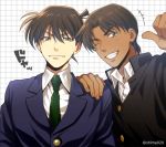  2boys ;) blue_eyes blue_jacket brown_hair collared_shirt commentary_request dark_skin dark_skinned_male gakuran green_eyes green_neckwear grin hand_on_another&#039;s_shoulder hattori_heiji jacket kudou_shin&#039;ichi looking_at_viewer male_focus mashima_shima meitantei_conan multiple_boys necktie one_eye_closed pointing pointing_at_self school_uniform shirt smile teeth teitan_high_school_uniform tile_background twitter_username upper_body v-shaped_eyebrows white_background white_shirt 