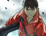  1boy akira brown_eyes brown_hair clenched_teeth debris frown furrowed_eyebrows gun highres holding holding_gun holding_weapon jacket kaneda_shoutarou kotatsu_(g-rough) looking_at_viewer male_focus red_jacket signature solo teeth upper_body v-shaped_eyebrows weapon 