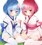  2girls alternate_costume bangs blue_bow blue_eyes blue_flower blue_hair blush bow breasts child closed_mouth commentary_request detached_sleeves eringikinono eyebrows_visible_through_hair feet_out_of_frame flower flower_knot grass hair_flower hair_ornament hair_over_one_eye highres japanese_clothes kimono large_bow long_sleeves looking_at_viewer maid multiple_girls obi pink_flower pink_hair pink_ribbon pout purple_bow purple_ribbon ram_(re:zero) re:zero_kara_hajimeru_isekai_seikatsu red_eyes rem_(re:zero) ribbon ribbon-trimmed_legwear ribbon_trim sash short_hair short_kimono siblings sisters sitting thigh-highs twins wariza white_background white_legwear wide_sleeves x_hair_ornament younger zettai_ryouiki 