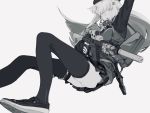  1girl assault_rifle bangs eyebrows_visible_through_hair floating_hair from_below girls_frontline gun h&amp;k_hk416 hk416_(girls_frontline) holding holding_gun holding_weapon long_hair looking_at_viewer monochrome panties plaid plaid_skirt rifle skirt solo suiso_(owp) thigh-highs underwear weapon white_background 