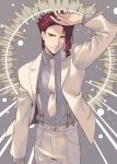  1boy closed_mouth collared_shirt cowboy_shot fingerless_gloves gloves grey_shirt hand_up highres jacket jojo_no_kimyou_na_bouken kakyouin_noriaki kotatsu_(g-rough) long_sleeves looking_at_viewer male_focus necktie pants redhead shirt solo standing suspenders white_jacket white_neckwear white_pants wing_collar yellow_eyes 