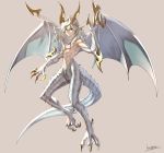  1boy claws closed_mouth dragon_boy dragon_horns dragon_tail dragon_wings full_body grey_background highres horns kotatsu_(g-rough) looking_at_viewer male_focus monster_boy original red_eyes signature simple_background solo tail white_hair wings 