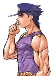  1boy closed_mouth earrings from_side green_eyes hat holding jewelry jojo_no_kimyou_na_bouken kotatsu_(g-rough) kuujou_joutarou male_focus muscle profile purple_hair purple_headwear purple_shirt shirt simple_background sketch solo upper_body white_background 