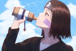  1girl absurdres bangs blue_sky blurry brown_eyes brown_hair clouds cloudy_sky collarbone commentary_request day drinking facing_to_the_side forehead_protector from_side hand_up highres holding long_sleeves miru_(wvjc7832) naruto naruto_(series) nohara_rin parted_bangs short_hair sky solo sweat upper_body 