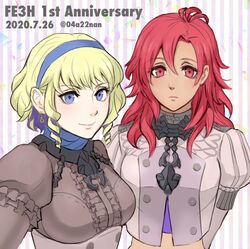  04a22nan 2girls anniversary blonde_hair blue_eyes blue_hairband closed_mouth constance_von_nuvelle copyright_name dark_skin dated earrings fire_emblem fire_emblem:_three_houses garreg_mach_monastery_uniform hairband hapi_(fire_emblem) highres jewelry multicolored_hair multiple_girls purple_hair red_eyes redhead short_hair smile twitter_username uniform upper_body 