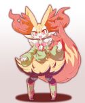  1girl absurdres animal_ear_fluff animal_ears barefoot blush bottomless bow bowtie braixen breasts claws clothed_pokemon collarbone fang fox_ears fox_tail full_body furry gen_6_pokemon gradient gradient_background green_legwear green_shirt hand_up highres leg_warmers long_sleeves nyaswitchnya off_shoulder open_mouth outline paws pigeon-toed pokemon pokemon_(creature) red_eyes red_neckwear shirt simple_background small_breasts smile solo standing tail white_background 