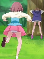  2girls blue_jacket boots brown_footwear brown_hair from_behind grass hanadera_nodoka haruyama_kazunori healin&#039;_good_precure hiramitsu_hinata jacket legs long_sleeves multiple_girls outdoors panties pantyshot pink_skirt precure purple_footwear redhead running shoes short_hair skirt standing tree underwear white_panties 