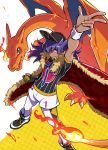  1boy arm_up baseball_cap black_headwear cape charizard clenched_hand closed_mouth commentary_request dark_skin dark_skinned_male dynamax_band facial_hair fur-trimmed_cape fur_trim gen_1_pokemon gloves hat highres leon_(pokemon) long_hair looking_at_viewer looking_up pokemon pokemon_(creature) pokemon_(game) pokemon_swsh pose purple_hair shirt short_sleeves shorts single_glove smile w wedo yellow_eyes 