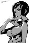  1girl bare_shoulders breasts closed_mouth cowboy_bebop earrings faye_valentine greyscale hairband high_collar highres jewelry kotatsu_(g-rough) medium_breasts monochrome popped_collar short_hair signature simple_background smile solo upper_body white_background 