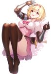  1girl :d arm_up ass bangs blonde_hair blush boots breasts brown_eyes brown_footwear brown_gloves brown_legwear commentary_request djeeta_(granblue_fantasy) dress eyebrows_visible_through_hair fighter_(granblue_fantasy) frilled_shirt frills gauntlets gloves granblue_fantasy hair_intakes hairband heart high-waist_skirt highres knees_up legs looking_at_viewer lying medium_breasts on_back open_mouth pink_dress pink_hairband pink_skirt puffy_short_sleeves puffy_sleeves red_eyes ririko_(zhuoyandesailaer) sheath sheathed shirt short_hair short_sleeves simple_background skirt smile solo sword thigh-highs thigh_boots upper_teeth weapon white_background white_shirt 