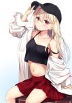  1girl arm_up bangs baseball_cap black_headwear black_tank_top blonde_hair blush breasts closed_mouth collarbone crop_top eyebrows_visible_through_hair fate/kaleid_liner_prisma_illya fate_(series) hair_between_eyes hat highres illyasviel_von_einzbern labcoat long_hair midriff miniskirt miso_(misomiso_154) navel off_shoulder plaid plaid_skirt pleated_skirt red_eyes red_skirt simple_background sitting skirt small_breasts smile solo stomach tank_top very_long_hair white_background 