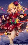  blonde_hair candy_apple flandre_scarlet flower food hair_flower hair_ornament hairclip japanese_clothes kimono night night_sky red_eyes riichu side_ponytail sky standing standing_on_one_leg touhou touhou_cannonball water yukata 