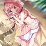  1girl beach bikini blurry blurry_foreground breasts commentary depth_of_field eyebrows_visible_through_hair from_above hand_in_hair hood hood_up looking_at_viewer lying magia_record:_mahou_shoujo_madoka_magica_gaiden mahou_shoujo_madoka_magica navel on_side parted_lips pink_bikini pink_eyes pink_hair rikopin see-through side-tie_bikini small_breasts solo string_bikini swimsuit tamaki_iroha water 
