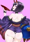 1girl ass bangs bare_shoulders black_fundoshi bob_cut cup eyeliner fate/grand_order fate_(series) gourd highres holding horns ippo japanese_clothes kimono looking_at_viewer makeup off_shoulder oni oni_horns open_mouth purple_hair purple_kimono sakazuki short_hair shuten_douji_(fate/grand_order) simple_background violet_eyes 