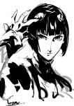  1boy bob_cut bruno_buccellati closed_mouth greyscale hand_up jojo_no_kimyou_na_bouken kotatsu_(g-rough) looking_at_viewer male_focus monochrome signature simple_background sketch solo upper_body vento_aureo white_background 