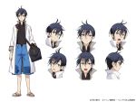  1boy black_shirt blue_eyes blue_shorts closed_mouth coat dark_blue_hair expression_chart full_body glenn_litbeit hair_between_eyes looking_at_viewer male_focus monster_musume_no_oisha-san official_art open_mouth sandals shirt short_hair shorts simple_background smile standing white_background white_coat 