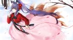  1girl animal_ear_fluff animal_ears bangs bare_tree black_ribbon blue_hair blurry blurry_foreground character_request closed_mouth commentary_request depth_of_field eyebrows_visible_through_hair eyelashes finger_ribbon floating_hair flower footprints fox_ears fox_girl fox_tail frown hair_flower hair_ornament hanbok hand_up highres kardia_diary kitsune korean_clothes korean_commentary long_hair long_sleeves looking_at_viewer looking_up outdoors petals pink_skirt ponytail red_flower red_ribbon ribbon sidelocks skirt skirt_hold sleeve_cuffs smile snow solo standing tail tassel traditional_clothes tree very_long_hair wind winter yellow_eyes yumaomi 