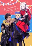  1girl 2boys anniversary blonde_hair blue_cape blue_eyes bottle brown_hair cape claude_von_riegan confetti copyright_name dark_skin dark_skinned_male dated dimitri_alexandre_blaiddyd edelgard_von_hresvelg fire_emblem fire_emblem:_three_houses flower garreg_mach_monastery_uniform gloves green_eyes hair_ribbon head_wreath high_heels highres holding long_hair long_sleeves multiple_boys one_eye_closed open_mouth red_cape red_legwear ribbon scabbard sheath sheathed short_hair sword umou_(user_xxhp7583) uniform violet_eyes weapon white_gloves white_hair wine_bottle yellow_cape 