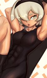  1girl abs absurdres arms_up artymono bodysuit breasts dark_skin grey_eyes grey_hair gym_leader hairband highres huge_filesize knee_up parted_lips pokemon pokemon_(game) pokemon_swsh saitou_(pokemon) short_hair simple_background solo stretch sweat 