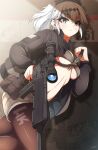  1girl blush commentary_request eyebrows_visible_through_hair girls_frontline grey_eyes gun h&amp;k_psg1 heckler_&amp;_koch holding holding_gun holding_weapon jacket jacket_over_swimsuit long_hair navel pantyhose ponytail psg-1_(girls_frontline) rifle sayossa_(pak-front) scope silver_hair simple_background sling_(weapon) sniper_rifle solo swimsuit trigger_discipline weapon 