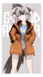  1girl absurdres alenka animal_ears bad_id bad_twitter_id bangs bike_shorts bird_ears bird_tail blue_shirt closed_mouth clothes_writing coat eyebrows_visible_through_hair feathers greater_roadrunner_(kemono_friends) grey_background grey_eyes grey_hair grey_shorts hair_feathers hands_in_pockets highres kemono_friends looking_at_viewer mole mole_under_eye open_clothes open_coat orange_coat outside_border shirt short_hair shorts smile solo standing 