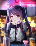  1girl :&lt; alcohol bar bartender blurry blurry_background blurry_foreground cocktail_glass cocktail_shaker commentary_request cup drinking_glass eyebrows_visible_through_hair hands_in_hair hands_on_own_face head_rest highres jill_stingray kurusemina light_blush long_hair looking_at_viewer pink_eyes purple_hair sketch solo twintails va-11_hall-a wine_glass 