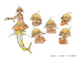  1girl :d ahoge aqua_eyes blonde_hair breasts closed_mouth dark_skin expression_chart floating_hair full_body gills head_fins looking_at_viewer lulala_heine mermaid monster_girl monster_musume_no_oisha-san multiple_views official_art open_mouth simple_background small_breasts smile white_background 