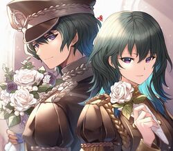  1boy 1girl blue_eyes blue_hair byleth_(fire_emblem) byleth_eisner_(female) byleth_eisner_(male) closed_mouth fire_emblem fire_emblem:_three_houses flower garreg_mach_monastery_uniform hat highres holding holding_flower long_sleeves nakabayashi_zun short_hair uniform upper_body 