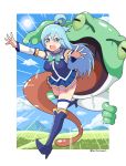  1girl absurdres aqua_(konosuba) artist_name bangs blue_eyes blue_hair blush boots breasts clouds commentary_request day detached_sleeves fleeing frog grass hair_bobbles hair_ornament high_heel_boots high_heels highres kono_subarashii_sekai_ni_shukufuku_wo! long_hair open_mouth outdoors outstretched_arms pleated_skirt running shiny shiny_hair skirt sky tanitaniyaaan tearing_up thigh-highs tied_hair tongue white_legwear 