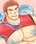  1boy abs artist_name bara beard blush brown_hair chest facial_hair groping gunzo_(tokyo_houkago_summoners) madara6k male_focus manly muscle nipples pectoral_grab pectorals scar shirt_pull smile solo spirit thick_eyebrows tokyo_houkago_summoners upper_body yaoi 