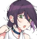  1girl absurdres bare_shoulders chainsaw_man choker close-up eyebrows_visible_through_hair green_eyes hair_between_eyes highres looking_at_viewer medium_hair nyokki763 open_mouth purple_hair reze_(chainsaw_man) shirt sleeveless sleeveless_shirt solo upper_body white_background white_shirt 