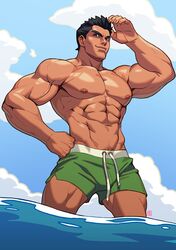  1boy abs alejandro_tio bara black_hair blue_eyes bulge chest clouds cloudy_sky highres little_mac male_focus male_swimwear navel nipples pectorals shirtless sky smile solo super_smash_bros. swim_trunks swimsuit swimwear thighs veins 