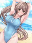  1girl arms_behind_head arms_up beach blue_sky blue_swimsuit breasts brown_eyes brown_hair clouds collarbone competition_swimsuit covered_navel cowboy_shot day highleg highleg_swimsuit kantai_collection large_breasts long_hair looking_at_viewer one-piece_swimsuit outdoors ponytail shohei_(piranha5hk) sky solo swimsuit yamato_(kantai_collection) 