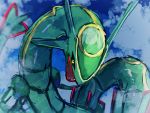  black_sclera clouds commentary_request dragon gen_3_pokemon highres legendary_pokemon looking_at_viewer mu_acrt no_humans open_mouth pokemon pokemon_(creature) rayquaza sky solo yellow_eyes 