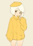  1girl bangs beret borrowed_character brown_eyes cowboy_shot egg_(lemyawn) hat horsefeathers humanization long_sleeves looking_at_viewer medium_hair orange_sweater original simple_background sleeves_past_wrists solo sweater tan_background white_hair yellow_headwear 